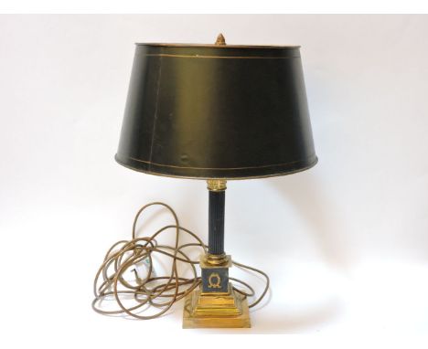 A Corinthian column table lamp, with tole ware shade, 55cm tall
