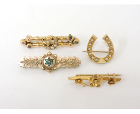 A 9ct gold split pearl and turquoise bar brooch, a gold and split pearl horseshoe brooch stamped 15ct, a gold floral spray ba