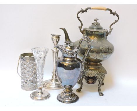 A large Victorian silver plated spirit kettle on stand, 45cm tall, a silver plated claret jug with fruiting vine handle, a Ma