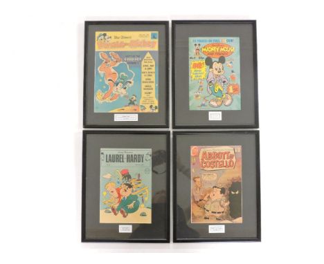 Four framed comic covers, Walt Disney's Donald and Mickey 1972, Mickey Mouse and Friends, first edition, Hanna-Barbera Abbott