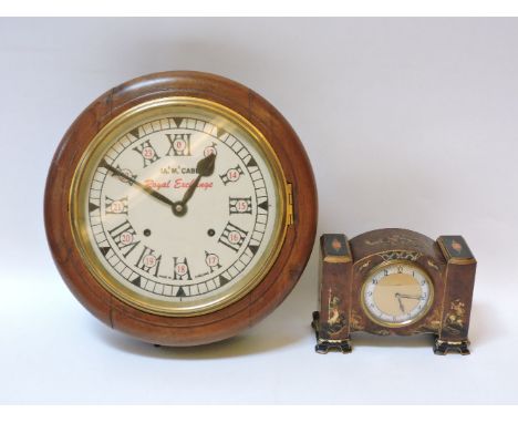 A modern mahogany spring driven wall clock, with Roman and Arabic numerals, and an early 20th century walnut chinoiserie deco