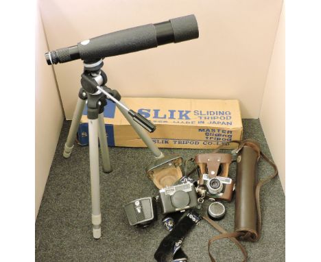 A Hertel & Reuss telescope on tripod, a Brownie Special six-20, Werra, and Yashica
