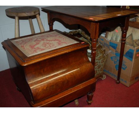 A Victorian mahogany step commode, and a mahogany occasional table, a gilt lacquered magazine rack, elm topped stool (4)