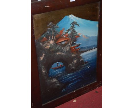 A pair of oriental painted panels with landscape scenes, and an oak framed landscape print (2)