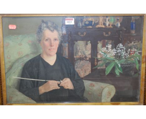 Bridgewater - portrait of a woman knitting, oil on canvas, signed and dated lower right 1924, 32.5x50cm