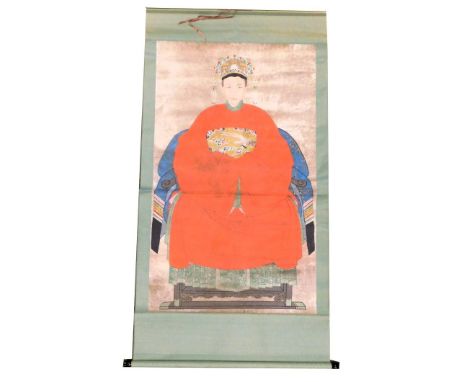 A Chinese ceremonial ancestor portrait scroll, in Ming style depicting an Empress in red robes, watercolour on silk, 200cm x 