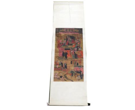 A Chinese watercolour scroll, depicting an emperor, and attendants, in an interior setting, 215cm x 67cm.