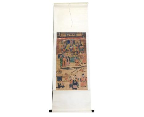 A Chinese watercolour scroll, depicting a Chinese emperor with attendants, in an interior setting, 200cm x 66cm.