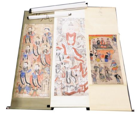 Chinese watercolour scrolls, scroll ends, etc., a quantity, 180cm x 60cm, 188cm x 64cm, 198cm x 76cm. (AF)