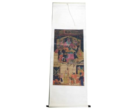 A Chinese watercolour scroll painting, depicting a Chinese Emperor and attendants, within an interior setting, 203cm x 68cm.