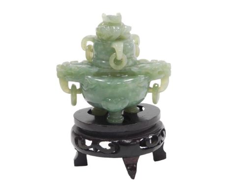 A 20thC Chinese green jade censer and cover, with dragon head finial and three ring handles, the bowl of cylindrical form wit