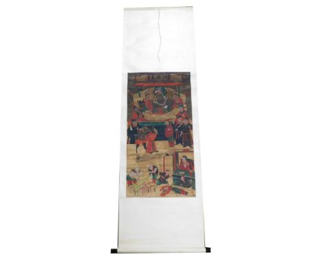 A Chinese watercolour scroll, depicting an emperor or deity, with attendants in an interior setting, 215cm x 66cm.