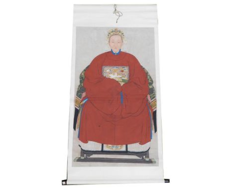 A Chinese ceremonial ancestor portrait scroll, depicting a Chinese empress, watercolour on silk, 198cm x 96cm.