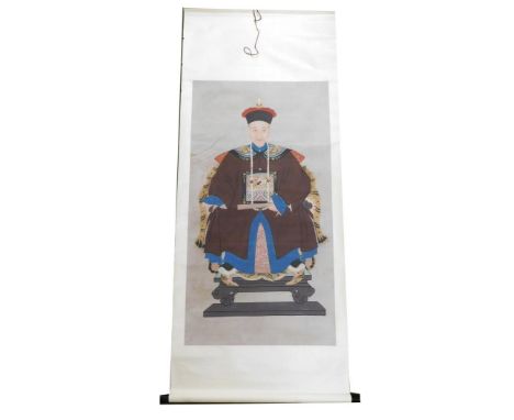 A Chinese ceremonial ancestor portrait scroll, depicting a high ranking court official, watercolour on silk, 192cm x 80cm.