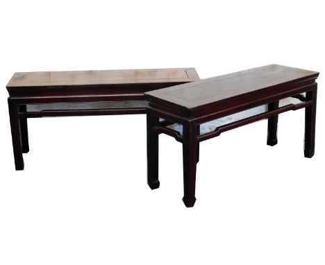 A near pair of Chinese hardwood altar tables, raised on square legs and scroll feet, 52cm high, 103cm wide, 34cm deep, and 50