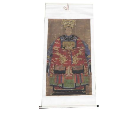 A Chinese ceremonial ancestor portrait scroll, depicting a Chinese Empress in red surcoat and wearing an elaborate headdress,