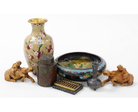 A group of Chinese metalwares, comprising a cloisonne vase decorated with prunus blossom on a yellow ground, 21cm high, clois