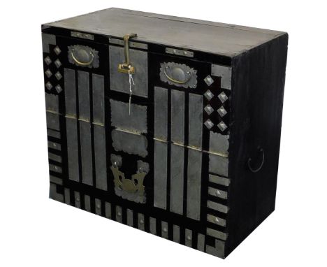 A Chinese black lacquer cabinet, with metal strap work, 82cm high, 94cm wide, 49cm deep.