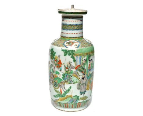 A Chinese porcelain famille verte vase, converted to a table lamp, decorated with figures on horseback, etc., unmarked, 35cm 