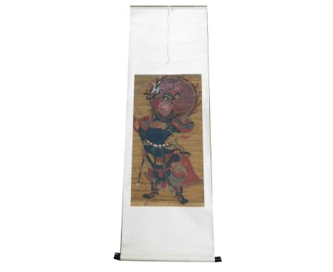 A Chinese watercolour scroll of a warrior general, with a halo, 194cm x 64cm.