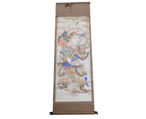 A Chinese painting of a warrior god Erlang Sheng, holding a spear and pointing to the sky, balancing on a fiery wheel, ink on