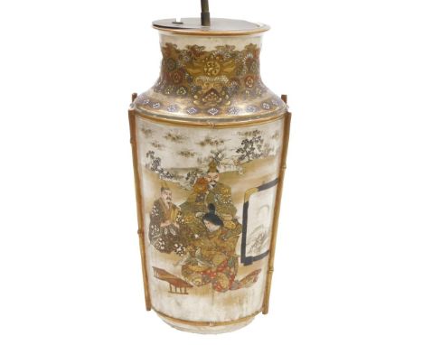 A 19thC Japanese Satsuma ware vase, of cylindrical shouldered form, the body decorated with a reserve of three figures to the