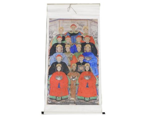A Chinese ceremonial ancestor portrait scroll, depicting sixteen male and female figures from a family, watercolour on silk, 