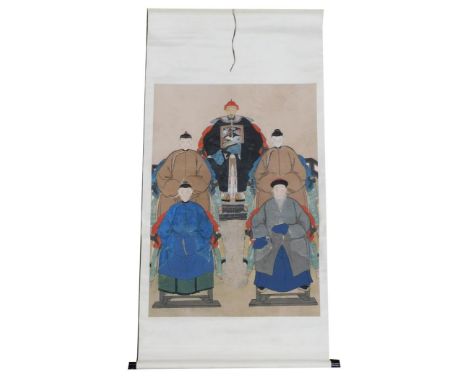 A Chinese ceremonial ancestor portrait scroll, depicting five seated family members, watercolour on silk, 180cm x 91cm.