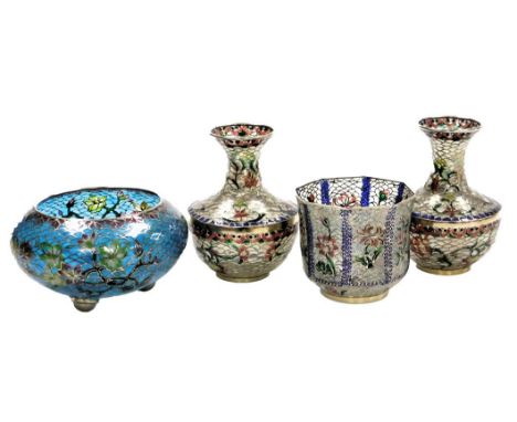 Four items of Chinese plique a jour enamel wares, comprising a pair of clear ground enamel vases, 9.5cm high, small octagonal