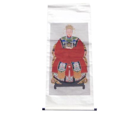 A Chinese ceremonial ancestor portrait scroll, depicting a Chinese Empress, watercolour on silk, 191cm x 80cm.