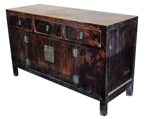 A Chinese side cabinet, with an arrangement of drawers and cupboards, 87cm high, 150cm wide, 56cm deep. 