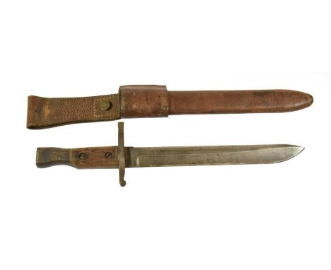 A Ross Rifle 1910 Mark II Bayonet, the blade stamped with a broad arrow and inspector's mark, the squared off steel pommel st