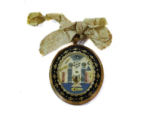 A Georgian Gilt Metal Masonic Pendant Locket/Jewel, circa 1800-1820, of oval form, the fascia applied with masonic symbols in