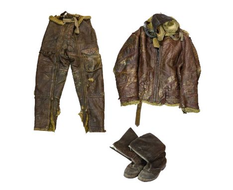 A Second World War RAF Composite Flying Suit, comprising a pair of Irvin sheepskin lined leather flying trousers, with Air Mi