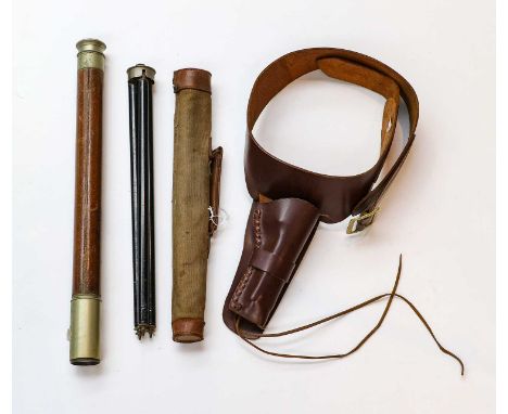  Militaria, comprising a beech stock for a service rifle, a leather pistol holster and belt, a Ross, London 1 1/2" single dra