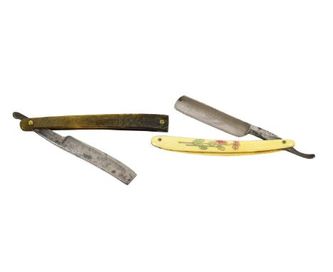 A US Civil War Cut Throat Razor by Wostenholme of Sheffield, the blade tang stamped with maker's name, the pressed horn grip 