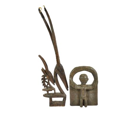A Bambara Chi-Wara Female Antelope Crest Headdress, Mali, the tips of the tall wrythen fluted horns with leather and hair tas
