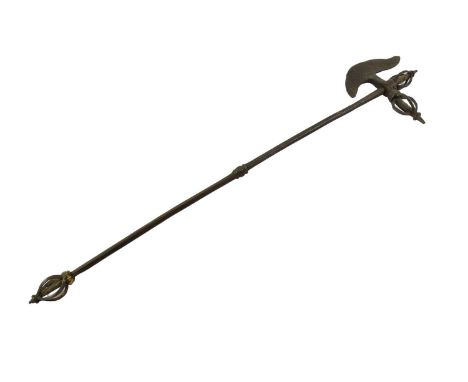 A 17th Century Tibetan Wrought Steel Axe, with small crescent shape head, with pierced ovoid cage finials, knopped square sec