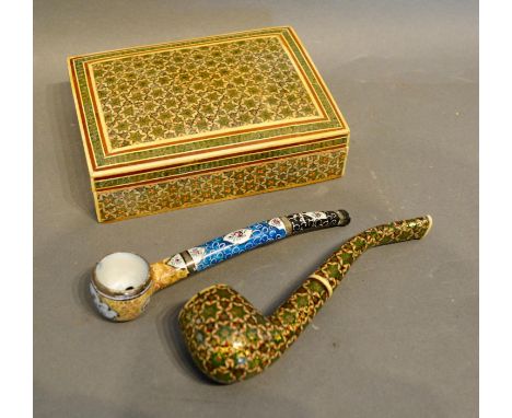 An Indian Enamel and Painted Pipe, together with another similar inlaid pipe and a rectangular inlaid box 