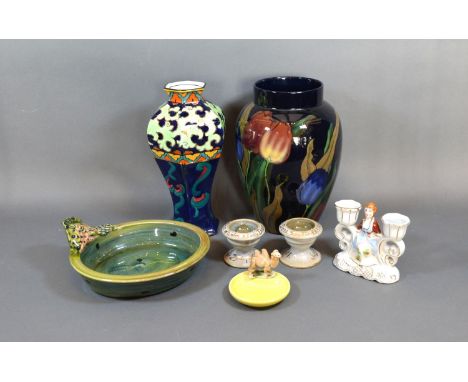 A Royal Stanley Ware Oviform Vase decorated with Jacobean Tulip Pattern, together with a small collection of other ceramics t
