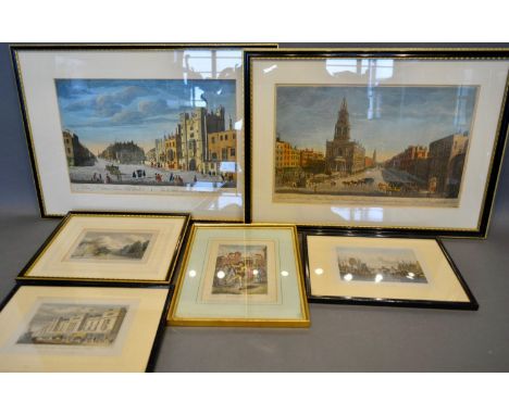 An Early Coloured Print, View of St James Palace, Pall Mall, together with another of Somerset House and four other coloured 