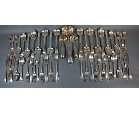 A George V Silver Canteen of Flatware comprising 8 dinner forks, 8 dessert spoons, 8 dessert forks, 8 soup spoons, a pair of 