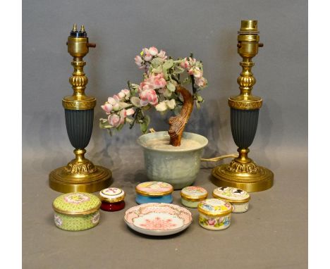 A Pair of French Style Table Lamps, together with various Halcyon Days Patch Boxes, an enamel dish and a Chinese tree ornamen