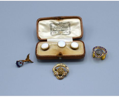 A 9ct Gold and Enamel Set British Legion Badge together with two other badges and a set of three dress studs 