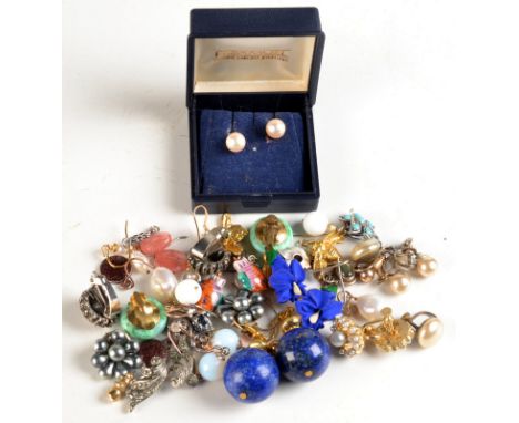 A pair of 9ct. gold cultivated pearl earrings, together with other earrings including lapis lazuli. 