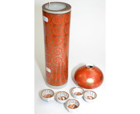 A Japanese Kutani tall orange vase with gilt decoration, height 29cm, a Kutani squat orange vase with gilt decoration, height
