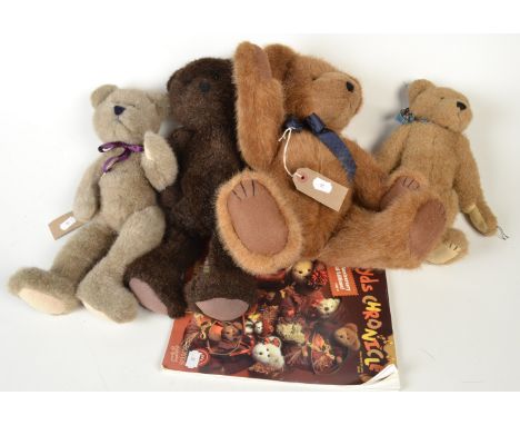 Four Boyds Collection teddy bears and a related magazine. 