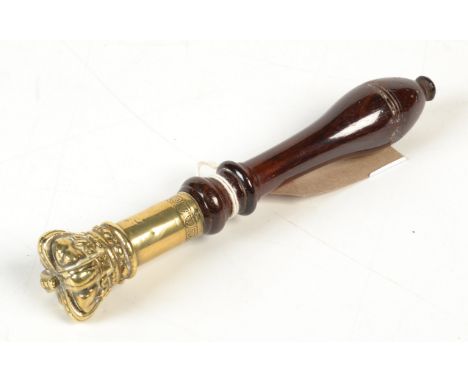 A mid 19th century 'Constables Cardiff' tipstaff with a crown cast brass finial and turned rosewood handle, length 20cm. 