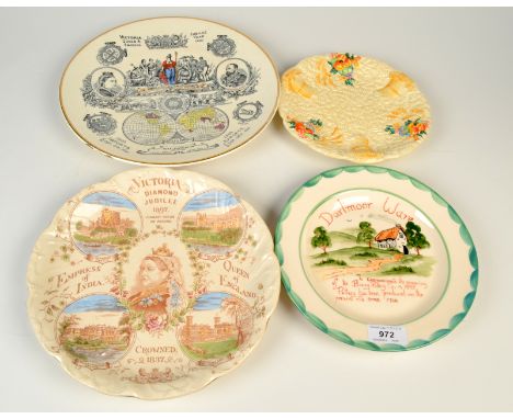 An 1887 Jubilee plaque RdNo.63164, a Clarice Cliff harvest dish and two other pieces. 
