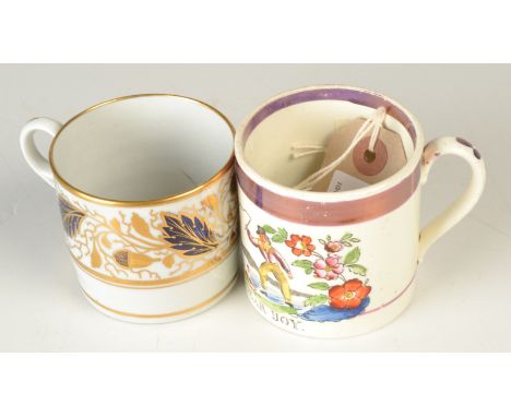 An early 19th century Staffordshire mug painted with two boys with their whips and tops 'For My Dear Boy', together with a Wo